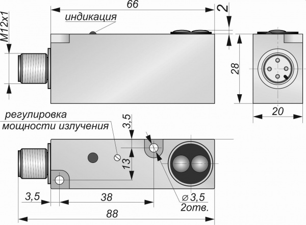Датчик бесконтактный оптический O112-NO/NC-PNP-P(с регулировкой)