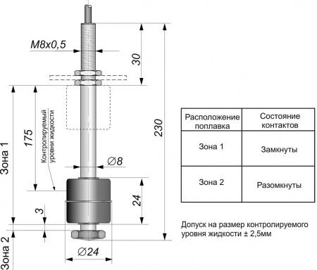 Датчик герконовый поплавковый уровня жидкости DFG 24.24-B1-NO-175.08-M8x0,5-S